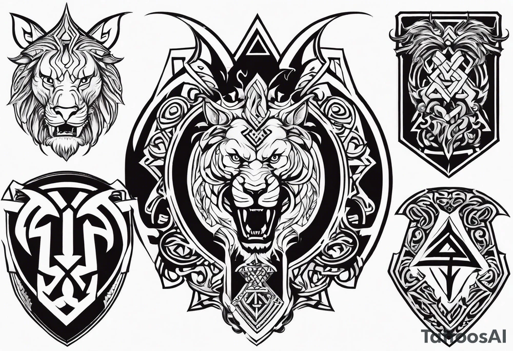 Valhalla sword shield dragon axe Valknut tribal lion tattoo idea Valhalla sword shield dragon axe Valknut tribal lion tattoo idea