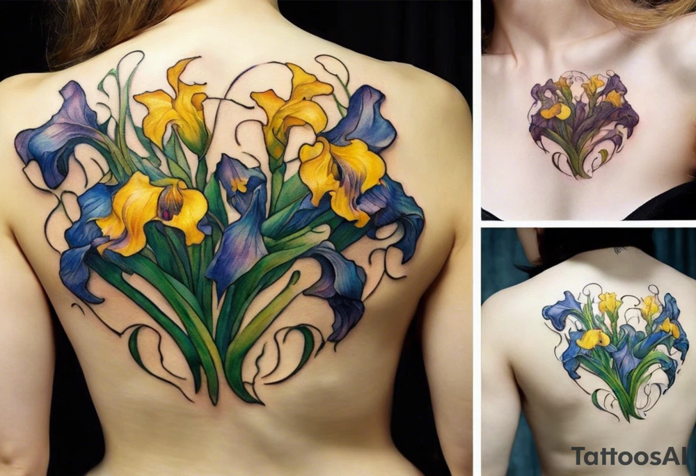 Create a small colorful Vincent van Gogh Irises tattoo in the form of a crescent, with vines gracefully intertwining at a central point in the middle of the wreath. The intended placement is on the upper chest. The overall design should be small in size while maintaining a delicate and artistic aesthetic. Pay attention to the graceful flow of the vines and the placement of the irises to achieve a refined and elegant look. tattoo idea