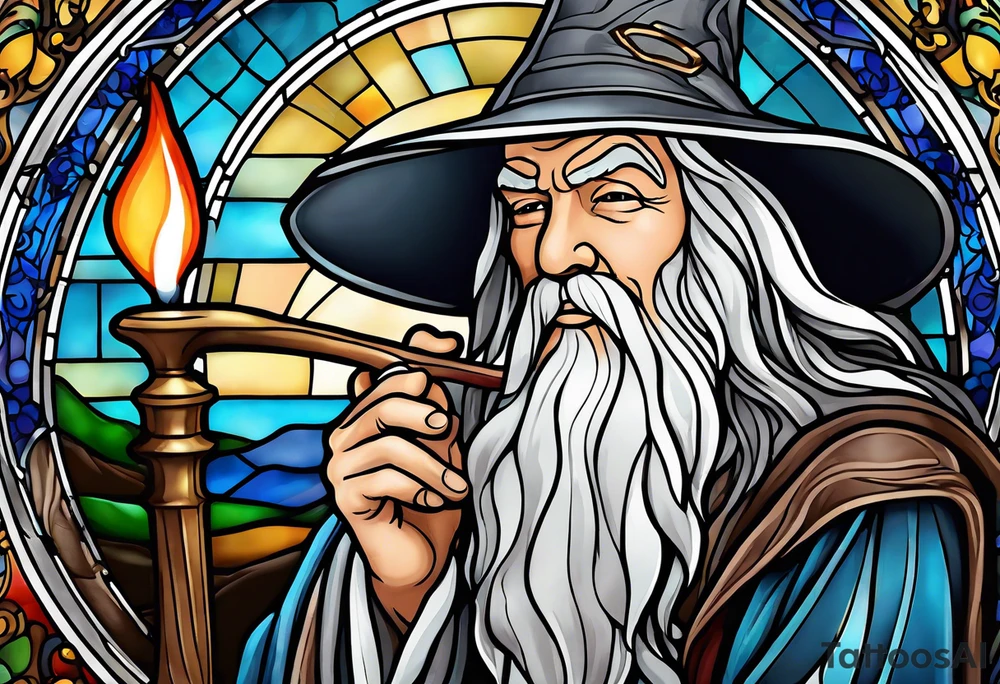 Gandalf smoking pipe tobacco
 in stained glass tattoo idea