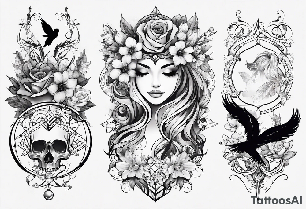 Mulher do signo de Touro mostrando as características, flores e livros atrás em volta da mulher com chifres para tatuar no antebraço parte interna tattoo idea