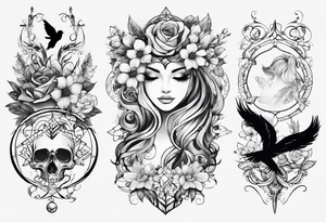 Mulher do signo de Touro mostrando as características, flores e livros atrás em volta da mulher com chifres para tatuar no antebraço parte interna tattoo idea