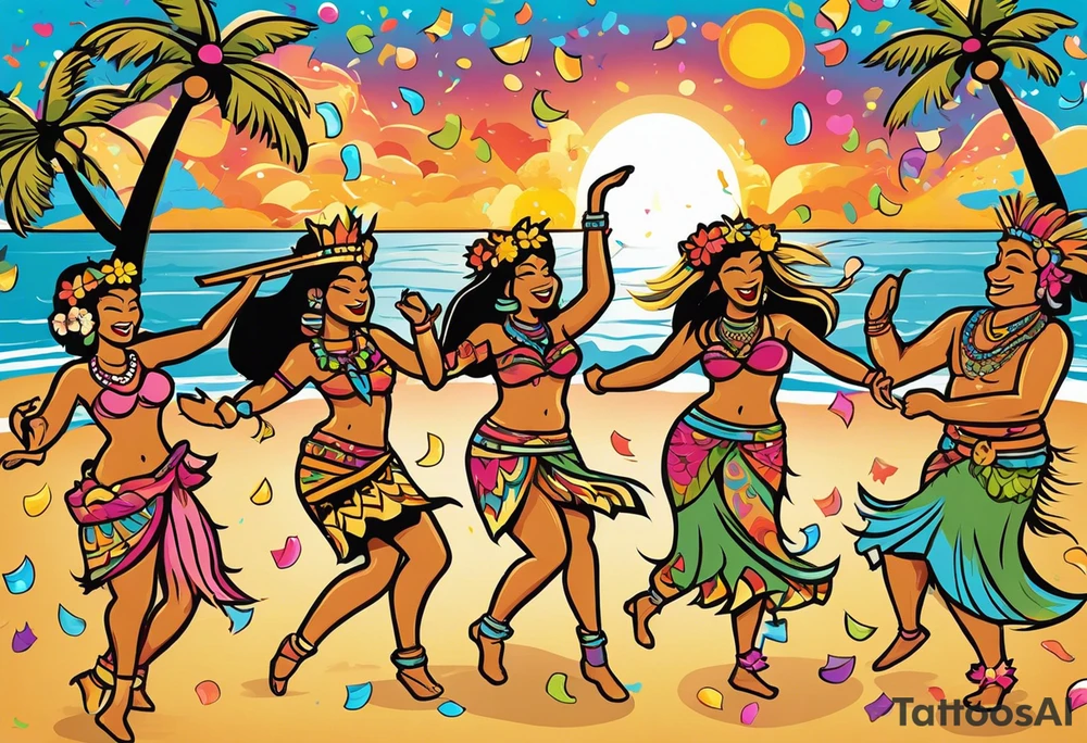 dancing tiki gods dance party on the beach with a sunset in the center of the image with confetti and music notes and sexy hula girls that are blonde and burnette tattoo idea