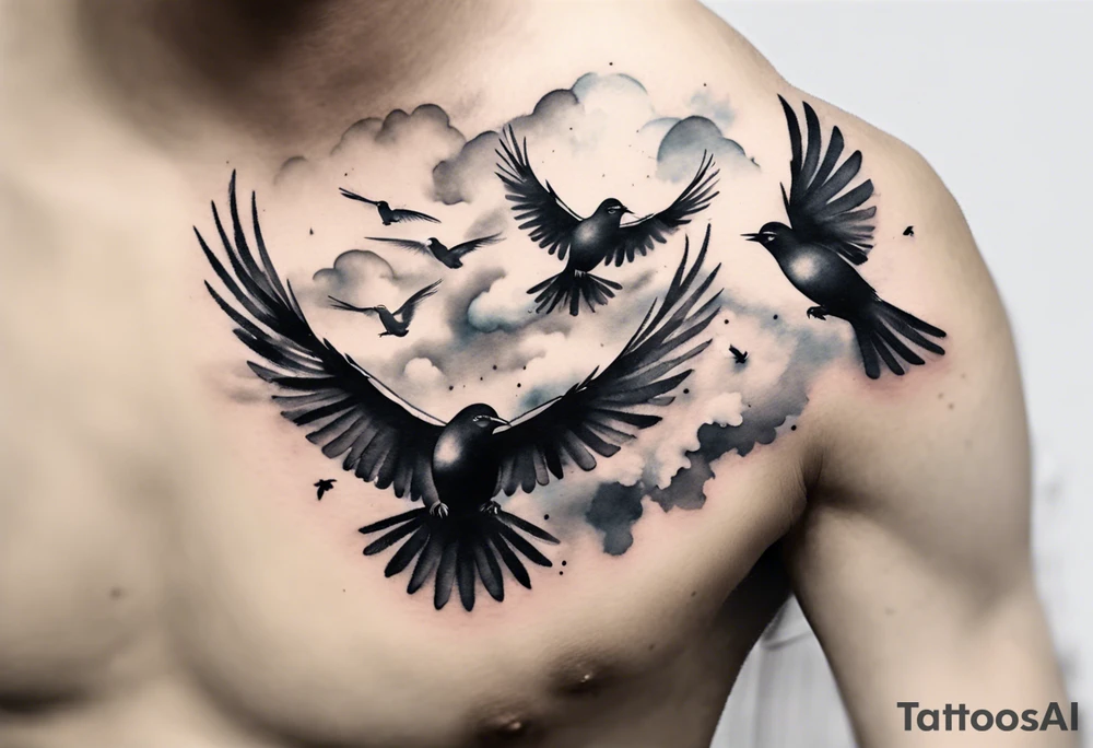 shoulder tattoo with light rays with birds flying free among the clouds, round shape, 3d effect tattoo idea shoulder tattoo with light rays with birds flying free among the clouds, round shape, 3d effect tattoo idea