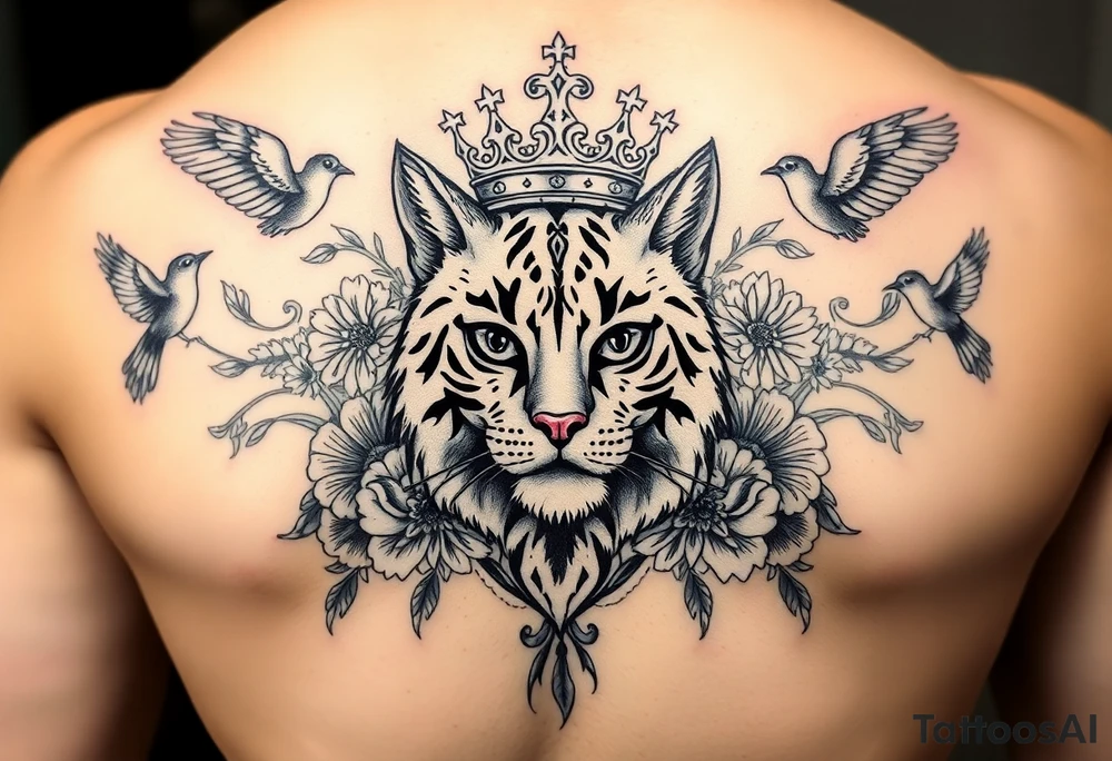 powerful majestic cat with a crown, surrounded by floral ornaments and birds tattoo idea