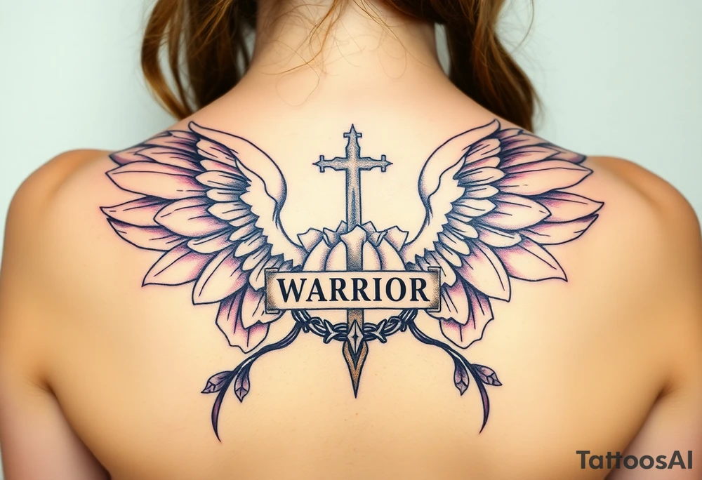 lotus flowers beautiful bold angel wing with word "Warrior" vintage cross crown of thorns tattoo idea