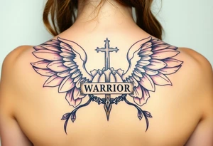 lotus flowers beautiful bold angel wing with word "Warrior" vintage cross crown of thorns tattoo idea