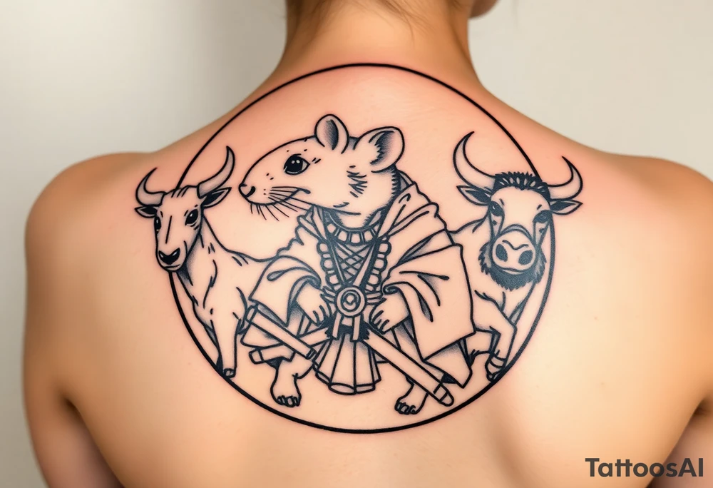 Japanese style tattoo with rat dressed as a Japanese samurai warrior. Surrounding the rat is a goat, dog, and ox all dressed up sumurai style. Whole tattoo fits within a round shape without circular border tattoo idea