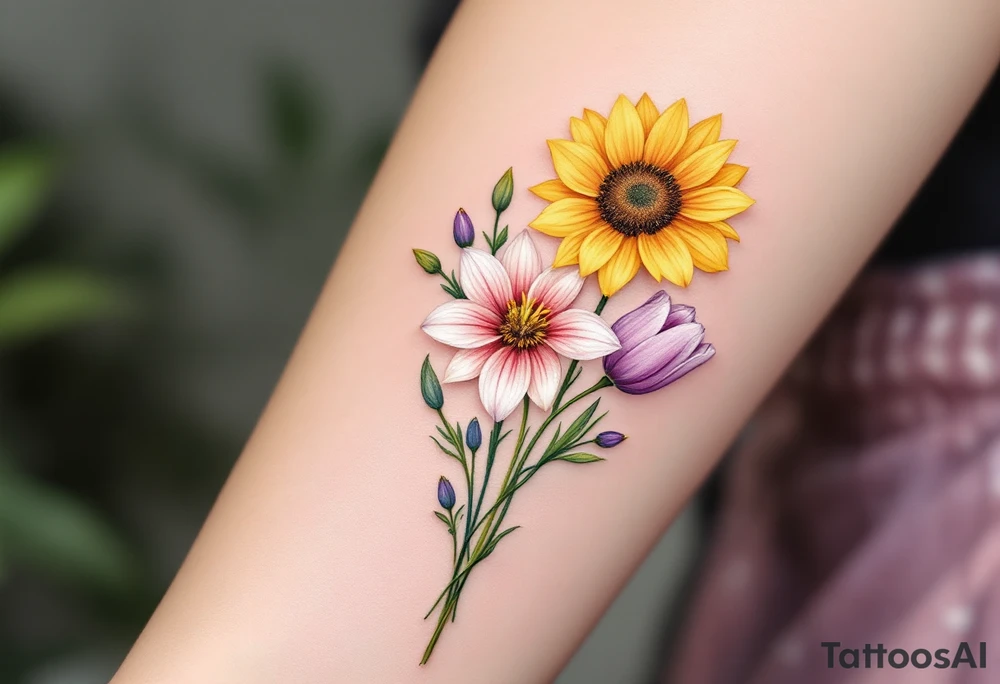 Small yellow sunflowers and simple stargazer Lilly in pale pink and pale purple tulip buds in a dainty wildflower bouquet with light green stems. No outlines on the flowers. Include feminine stem lines. tattoo idea