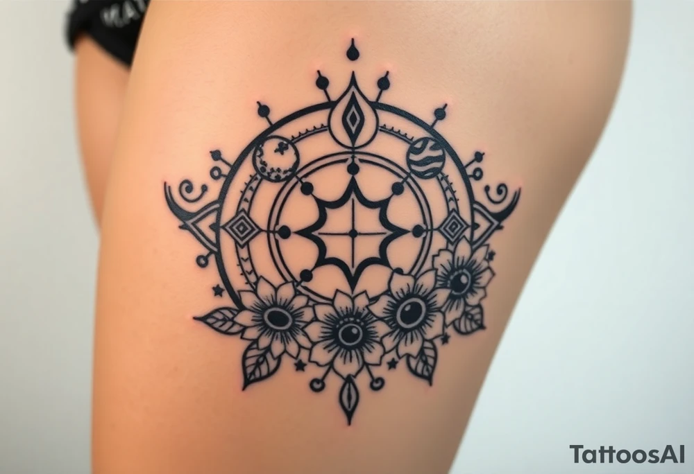 Milky way galaxy with planets with zodiac symbols and protection runes in it with tigerlillies roses and sunflowers tattoo idea