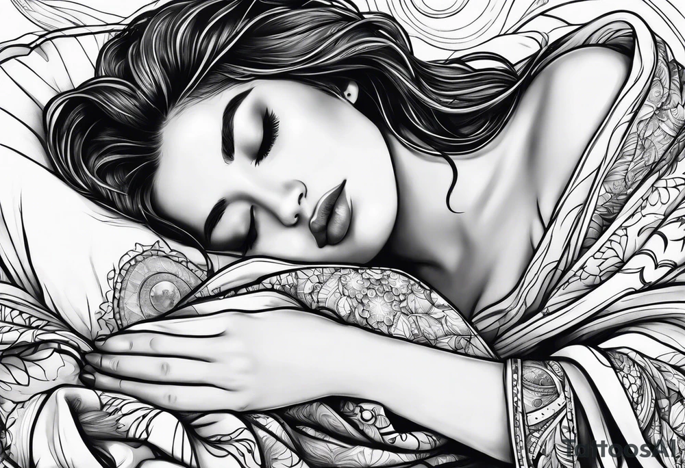 girl sleeping in blanket that looks like space tattoo idea