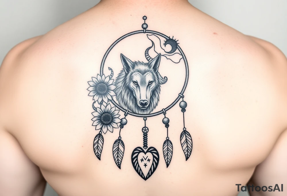 A Cresent moon dream catcher with sunflower, wolf, Harry potter, star wars, unicorn, fire heart all in one tattoo idea