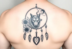 A Cresent moon dream catcher with sunflower, wolf, Harry potter, star wars, unicorn, fire heart all in one tattoo idea