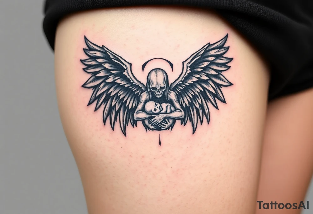 An angel of death with massive black wings, cradling a newborn soul, with a pale white body glowing against a pitch-black background. tattoo idea