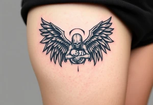 An angel of death with massive black wings, cradling a newborn soul, with a pale white body glowing against a pitch-black background. tattoo idea