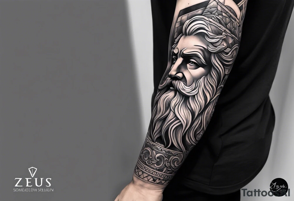 Full right arm tattoo sleeve with the Greek god Zeus tattoo idea