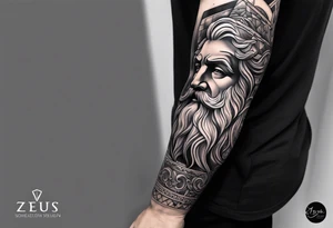 Full right arm tattoo sleeve with the Greek god Zeus tattoo idea