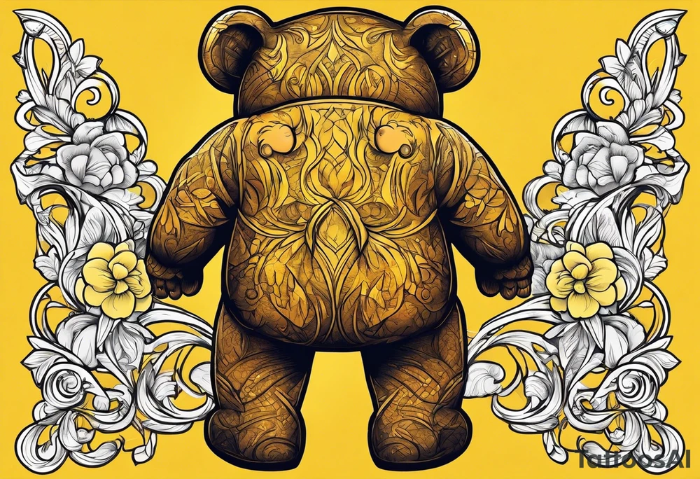 the back of a standing brown 
teddy bear in yellow , long overalls tattoo idea