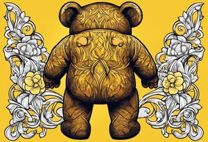 the back of a standing brown 
teddy bear in yellow , long overalls tattoo idea