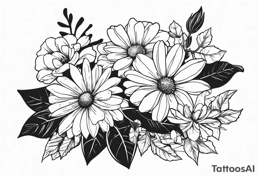 Daisy, rose, holly flower bouquet
All flowers have stems being held by a bow tattoo idea