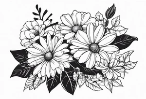 Daisy, rose, holly flower bouquet
All flowers have stems being held by a bow tattoo idea