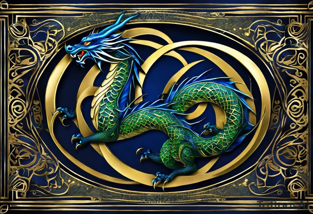 Tribal Tattoo: An epic with no wings, floating. Its long body coiling dynamically, with scales and horns detailed to create a sense of movement and strength. The dragon's main color is midnight blue but features little accents in green, blue, and gold, giving a vibrant depth and a mystical aura. This tattoo highlights the dragon’s fierce expression and sharp claws as it wraps protectively around the leg. Style: Tribal tattoo idea