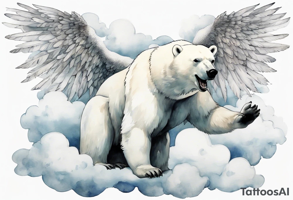 a polar bear with wings, standing on clouds, laughing tattoo idea