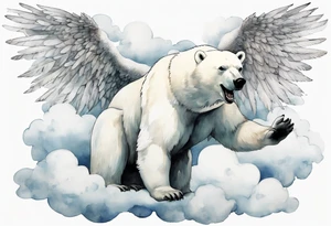 a polar bear with wings, standing on clouds, laughing tattoo idea