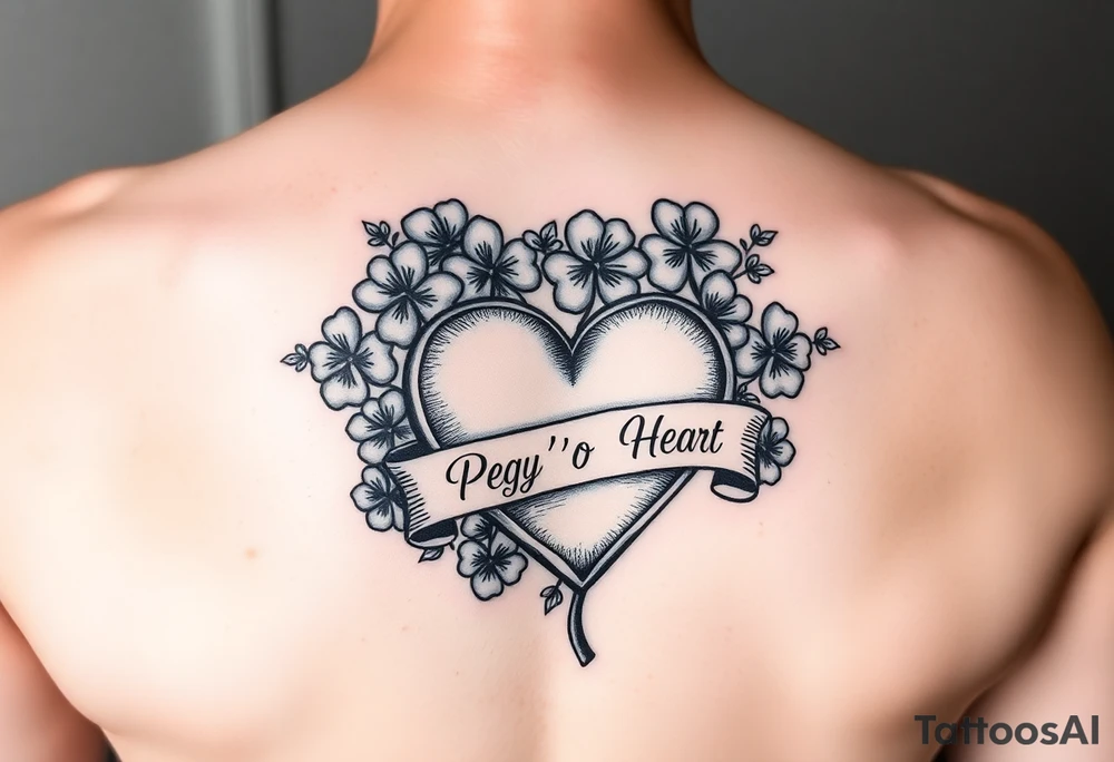 Bunch of shamrocks with a big heart and a banner across the heart that says " Peg 'o My Heart " tattoo idea