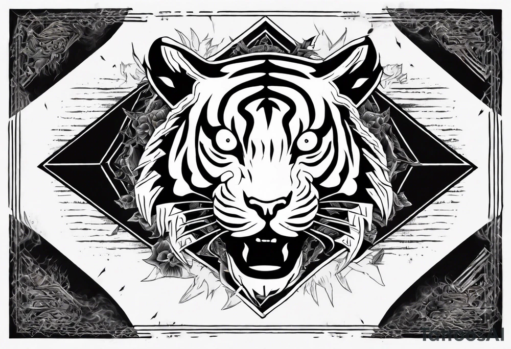 Ancient tiger with lightning and a sun for a forearm sleeve. With patterns surrounding it tattoo idea Ancient tiger with lightning and a sun for a forearm sleeve. With patterns surrounding it tattoo idea