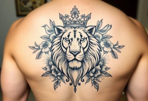 powerful majestic lion with a crown, surrounded by floral ornaments and birds tattoo idea