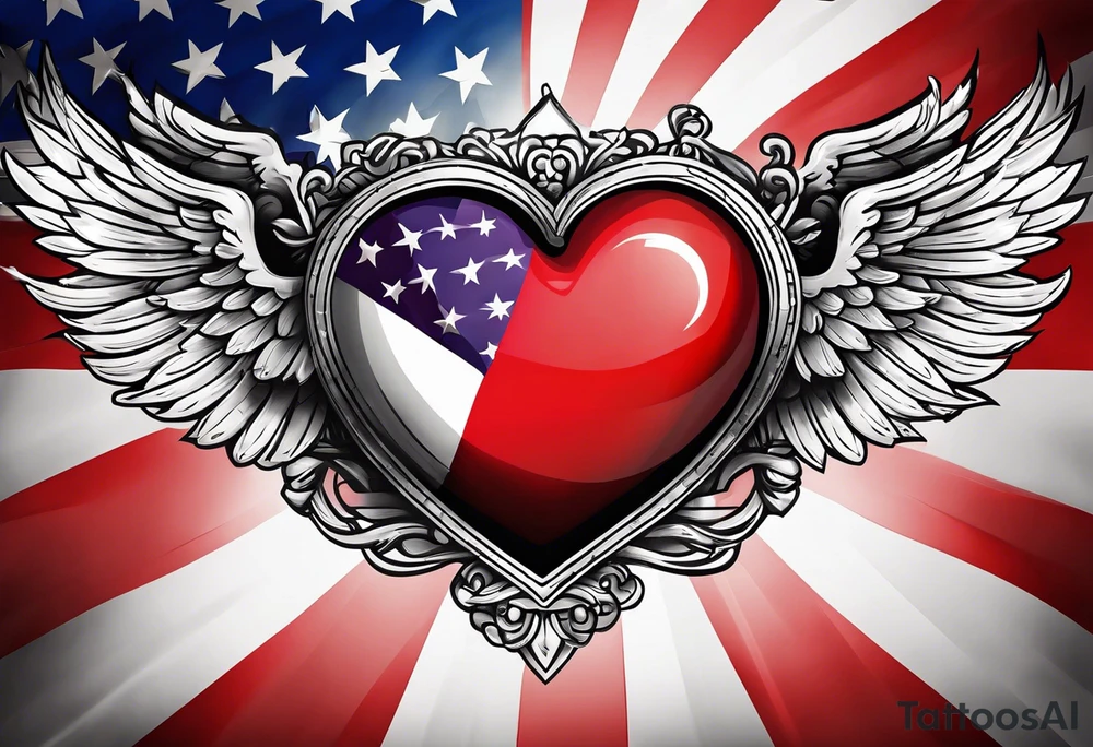 Flag inside of a heart with wings tattoo idea