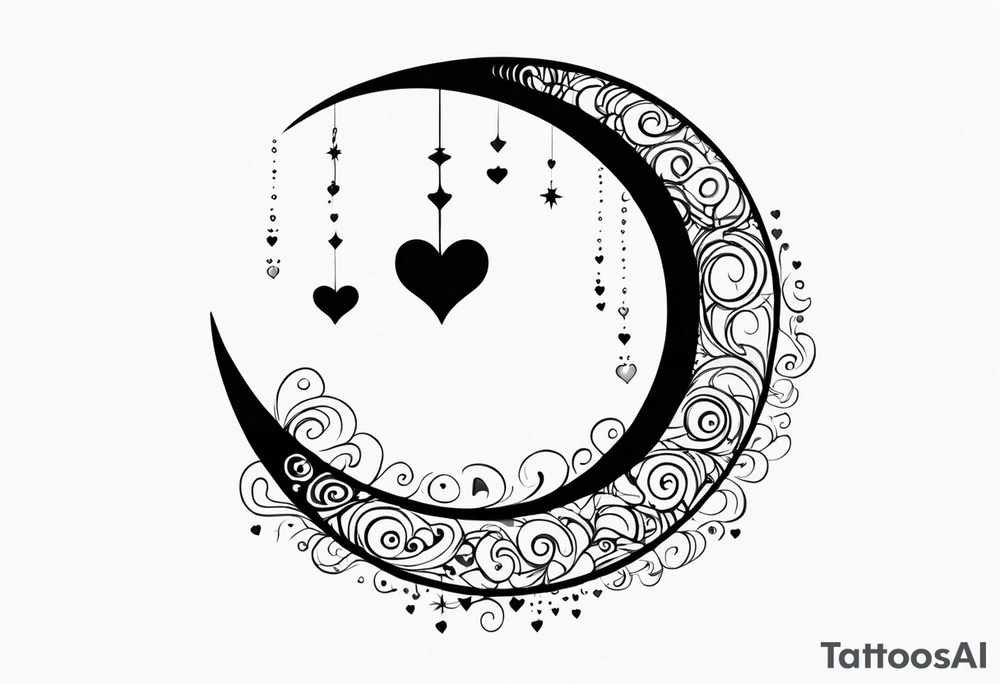 Crescent moon with hearts dangling from the bottom of it tattoo idea