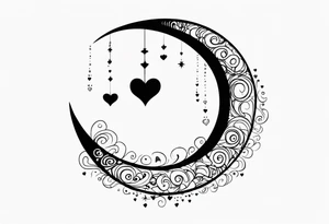 Crescent moon with hearts dangling from the bottom of it tattoo idea
