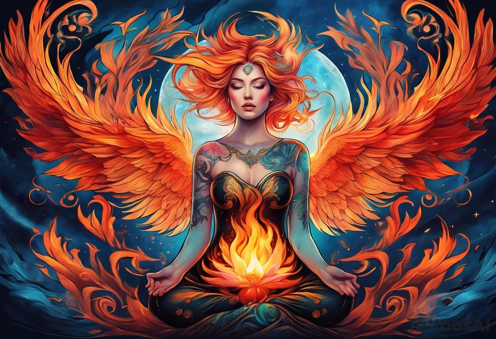 Resurrection strength and courage overcoming trauma Beautiful Woman leaving a world of fire, chaos and fear  to inner peace and self-love  ethereal tattoo idea
