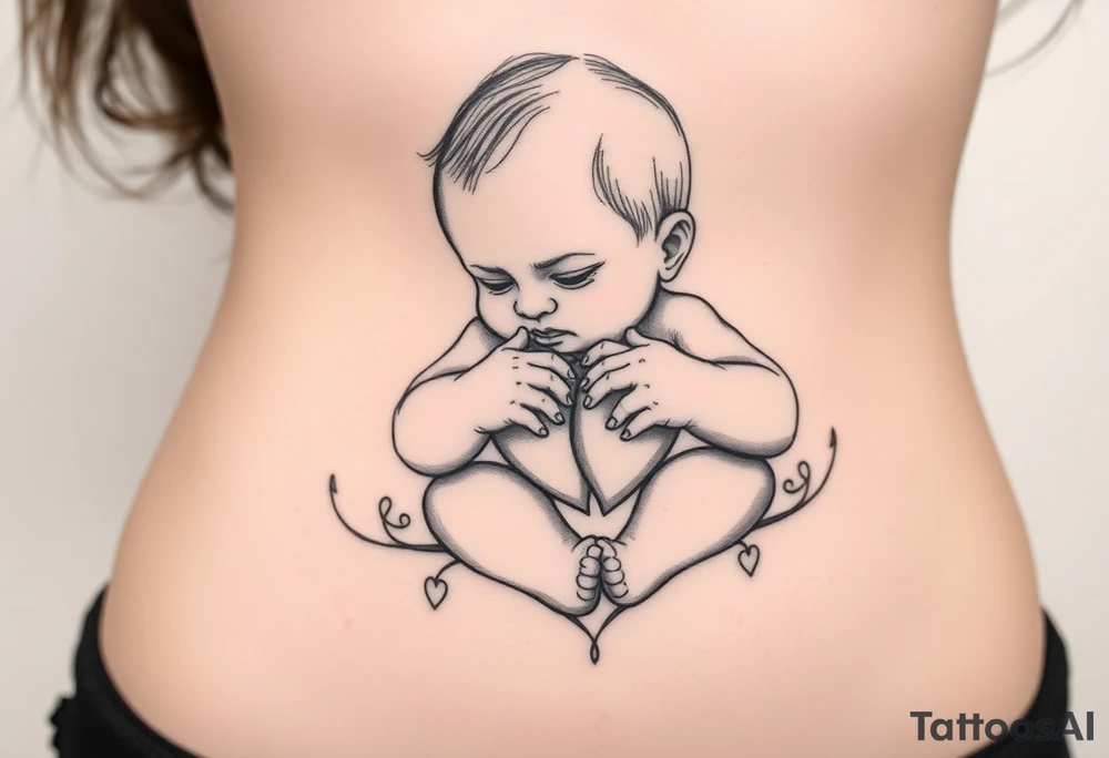 Baby held by working hands with hearts tattoo idea