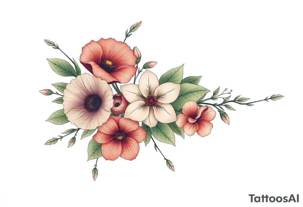 Fore arm tattoo in the neo american traditional style. I want to incorporate a few different flowers: Poppies, Morning Glory, Narcissus with green leaves in the background tattoo idea