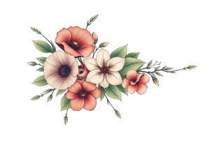 Fore arm tattoo in the neo american traditional style. I want to incorporate a few different flowers: Poppies, Morning Glory, Narcissus with green leaves in the background tattoo idea