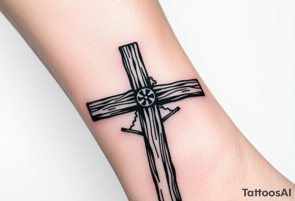 a wooden 12kv pole. Make the pole a cross that has a hidden resemblance to god. tattoo idea