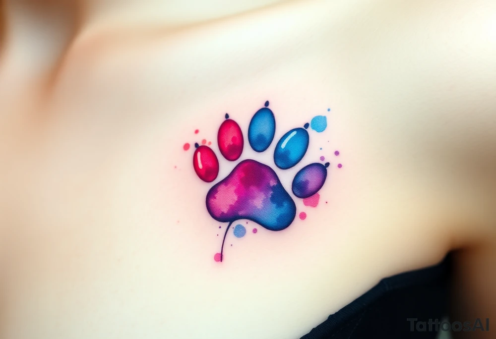 A watercolor-style paw print in the shape of a heart, blending vibrant hues of pink, blue, and purple, creating a soft and artistic splash effect tattoo idea