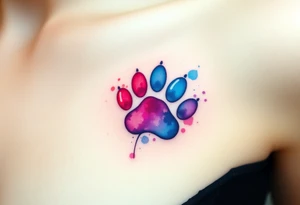 A watercolor-style paw print in the shape of a heart, blending vibrant hues of pink, blue, and purple, creating a soft and artistic splash effect tattoo idea
