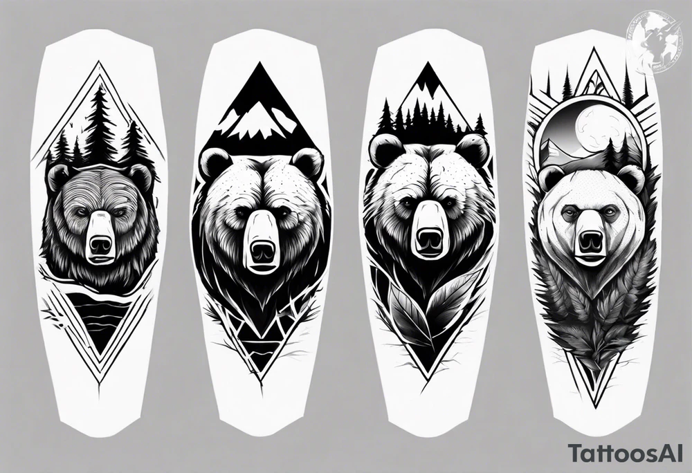 bear head right above the forest line with a lake below, full arm sleeve tattoo tattoo idea