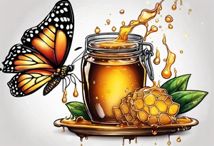 A beautiful butterfly over a pot of honey with drips of honey around the rim tattoo idea