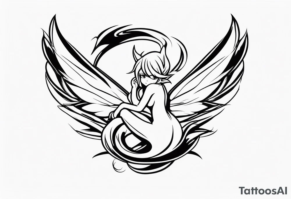 A fairy with a tail inspired by the logo of the show called Fairy Tail in a fetal position leaning in tattoo idea