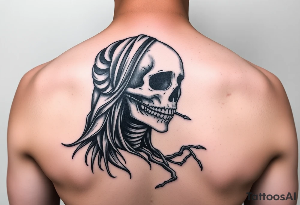 Samaria girl half face and half skeleton with a fan across her face tattoo idea