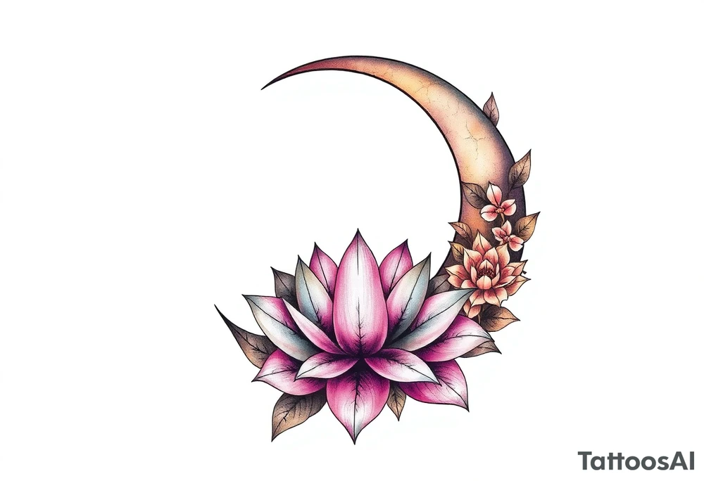crescent floral moon with lotus flower tattoo idea