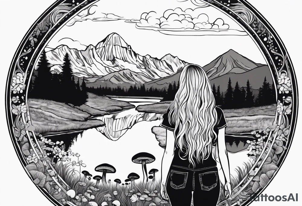 Whole picture encircled fully

Straight long blonde hair hippie girl in distance holding mushrooms in hand facing away toward mountains and creek surrounded by mushrooms tee shirt and hiking pants; whole rendering within a full circle, no cut off circle tattoo idea