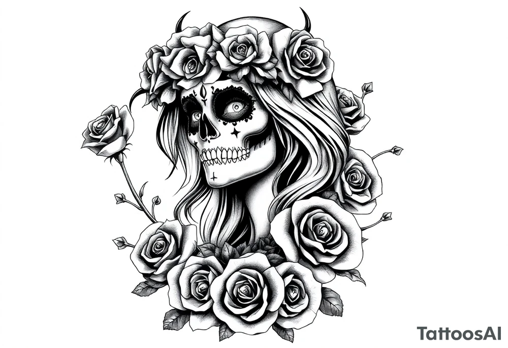 Powerful evil beautiful day of the dead female,  surrounded by unclaimed souls and roses tattoo idea