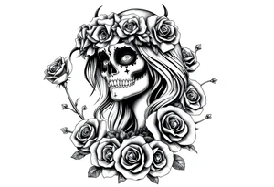 Powerful evil beautiful day of the dead female,  surrounded by unclaimed souls and roses tattoo idea