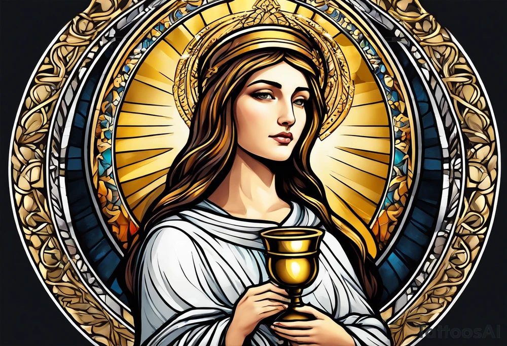 holy saint woman with golden halo holding a chalice tattoo idea