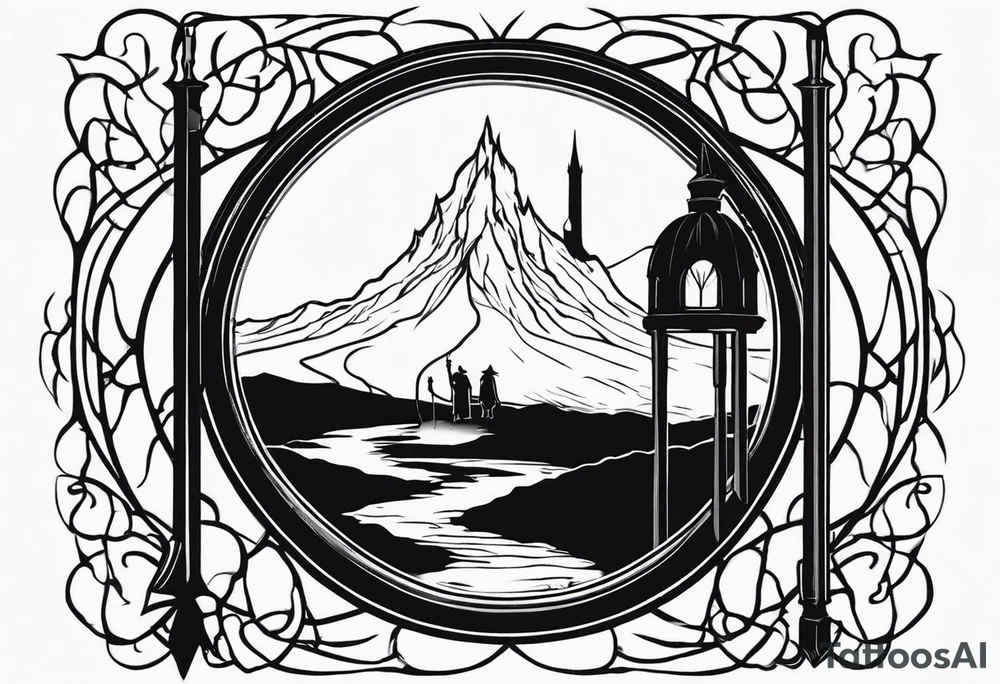 Lord of the rings. Small and very simple. Include Round hobbit door, gandalfs staff, barad dur silhouette in background, Harry Potter wands tattoo idea